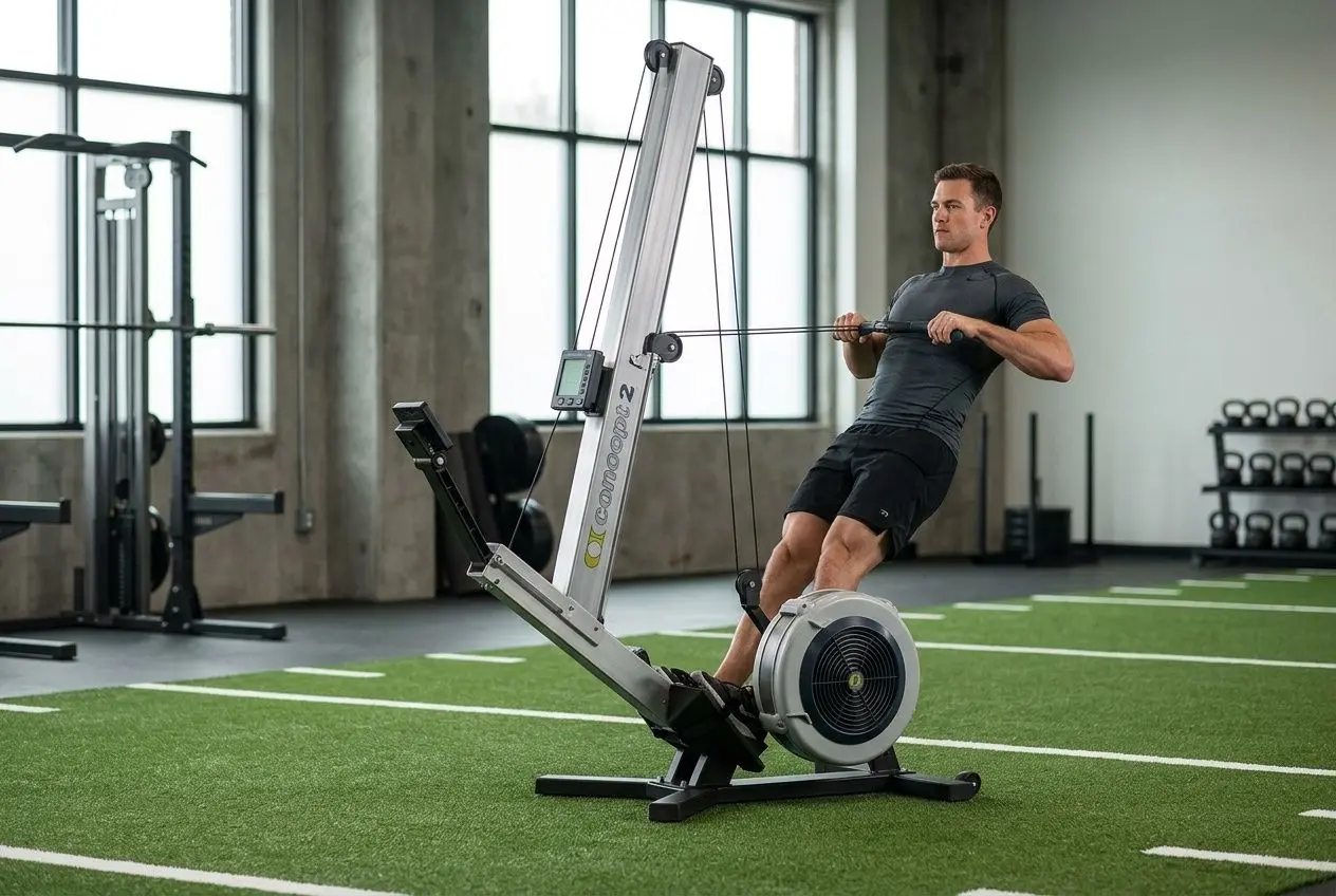 Athlète utilisant le rameur Concept2 en position verticale dans une salle de sport professionnelle.