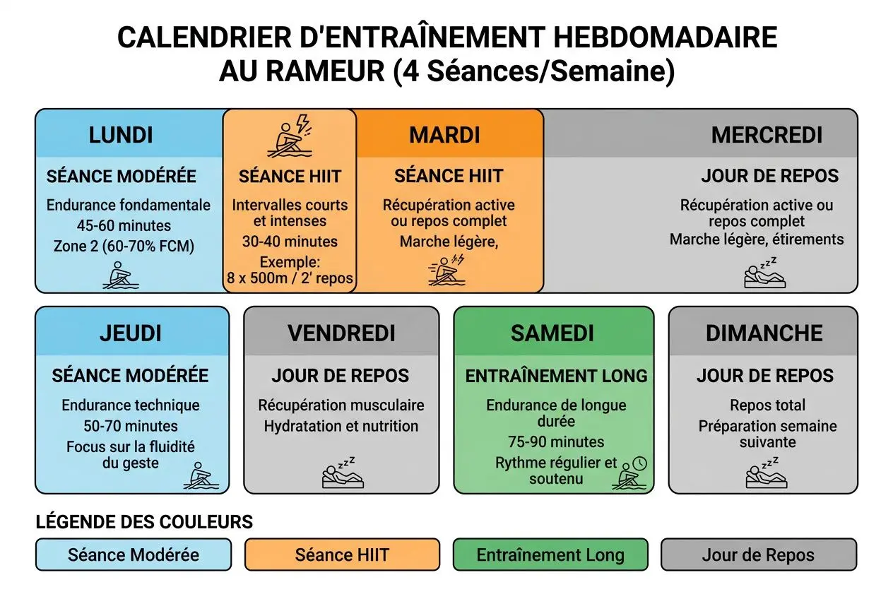 Calendrier d’entraînement hebdomadaire au rameur: différentes séances HIIT, entraînement long et jour de repos à chaque jour de la semaine.