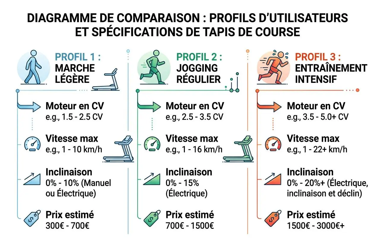 Diagramme de comparaison des profils d’utilisateurs et spécifications de tapis de course, avec trois profils et leurs caractéristiques.