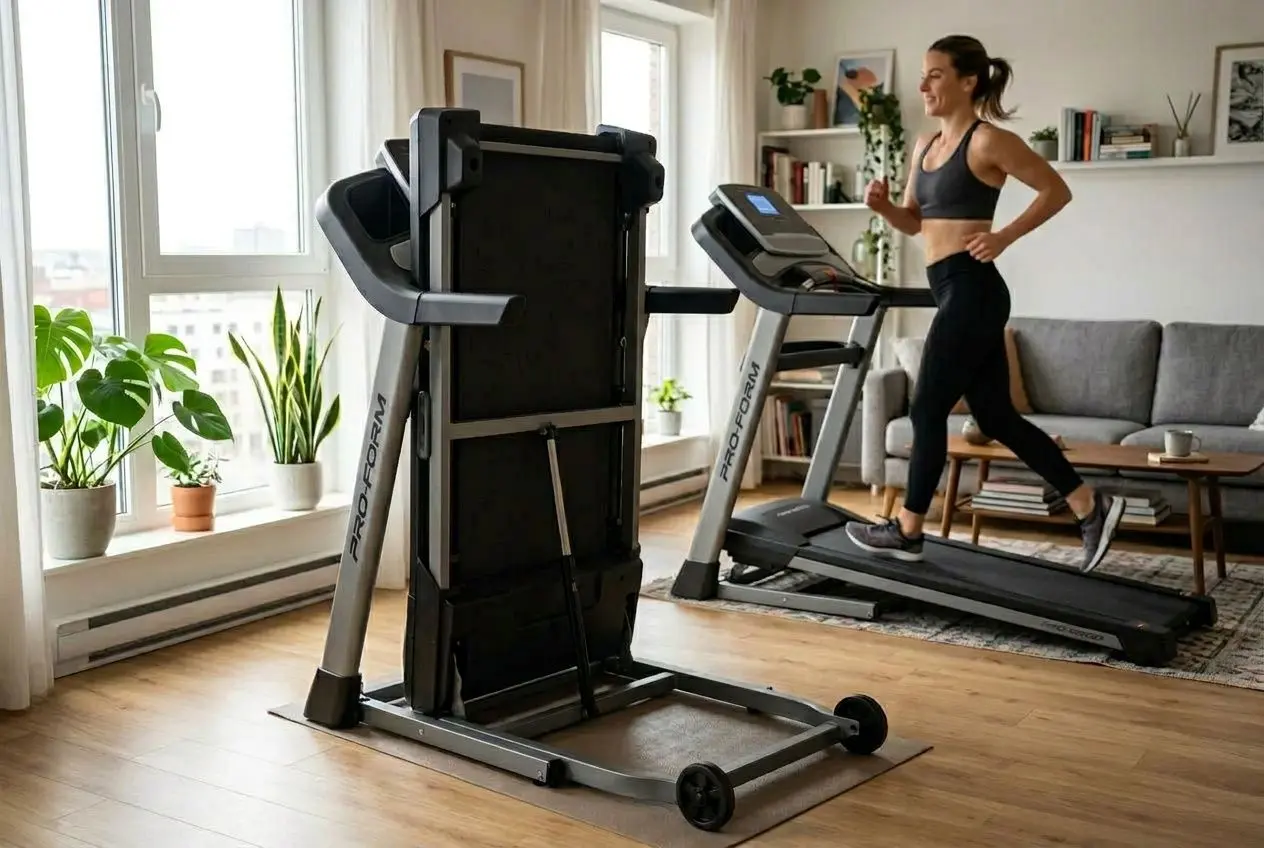 Femme courant sur un tapis de course pliable à inclinaison automatique dans un salon lumineux.