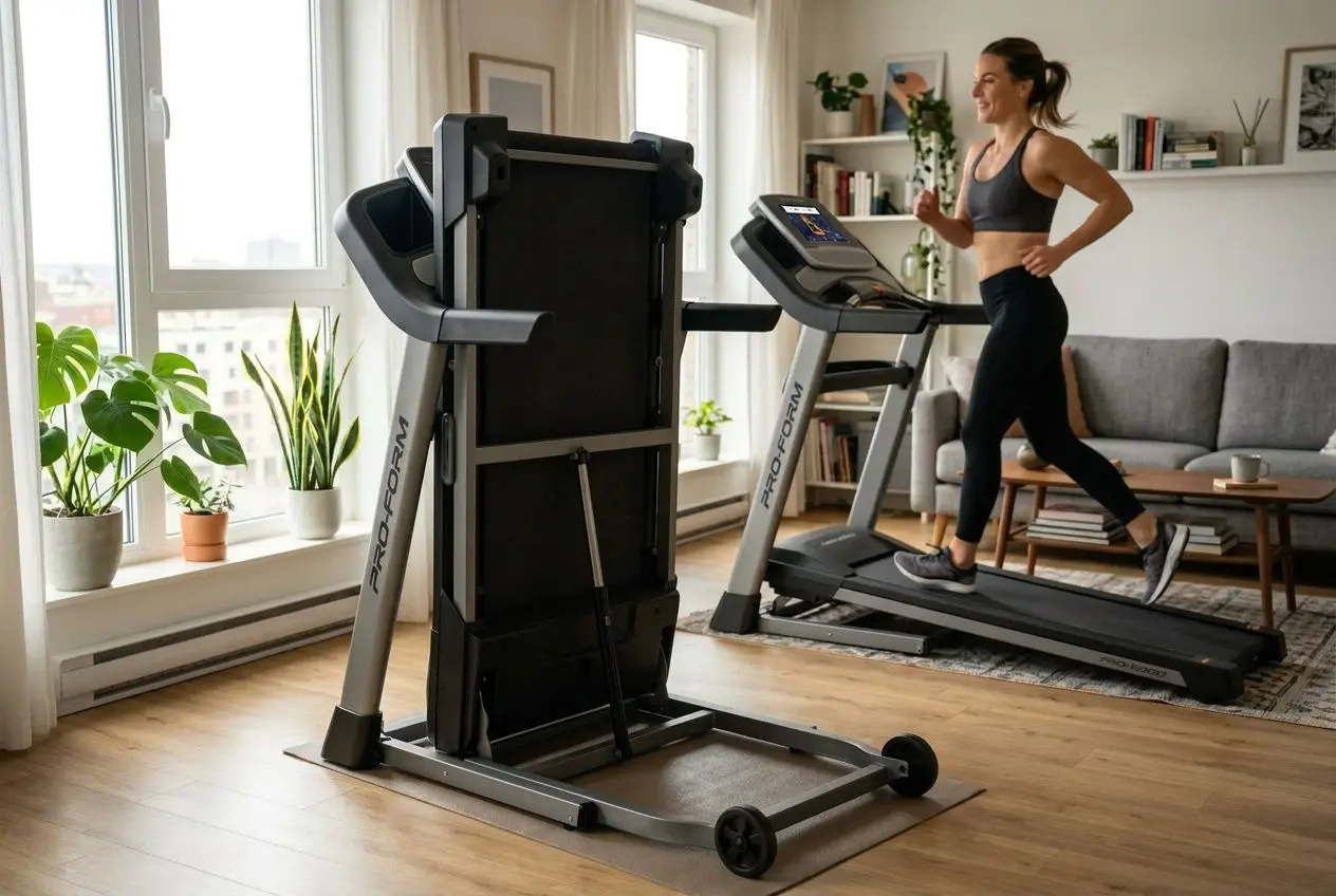 Femme courant sur un tapis de course pliable connecté ProForm dans un salon lumineux, avec le tapis replié au premier plan.