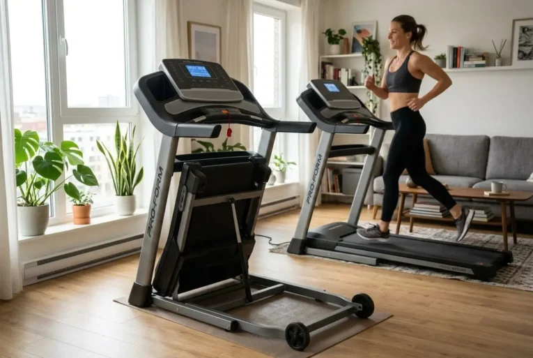 Femme courant sur un tapis de course pliant à inclinaison motorisée dans un salon lumineux, avec un second modèle replié illustrant le gain de place.