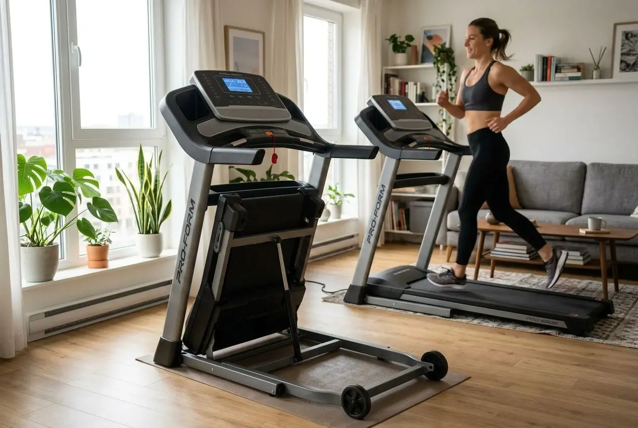 Femme courant sur un tapis de course pliant à inclinaison motorisée dans un salon lumineux, avec un second modèle replié illustrant le gain de place.