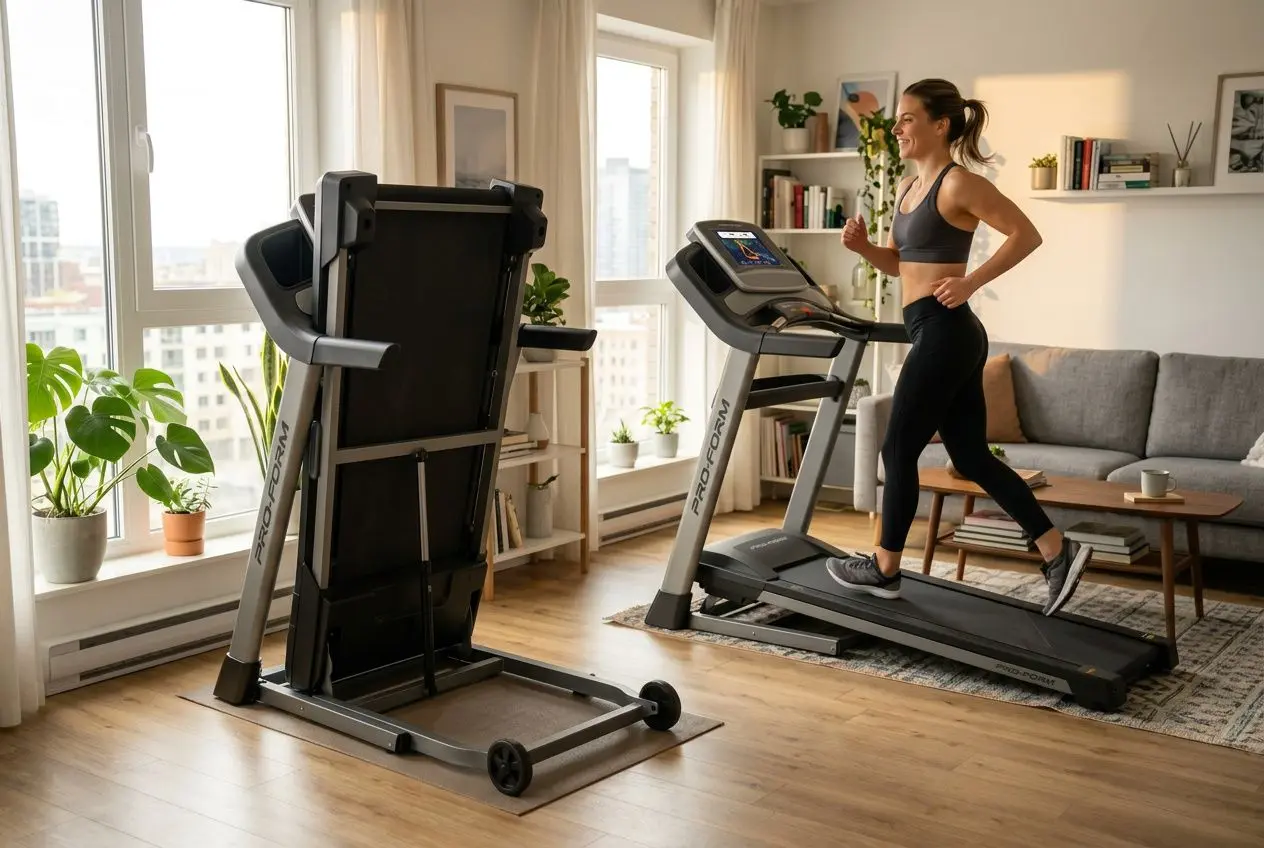 Femme en tenue de sport court sur un tapis de course pliable dans un salon lumineux, avec un appareil replié à côté et des plantes et meubles autour.