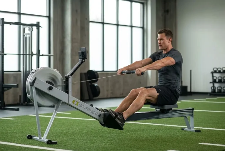 Homme athlétique sur un rameur, entraînement en salle, visant à perdre du ventre et le ventre plat grâce à l’effort cardio. rameur efficace pour perdre du ventre.