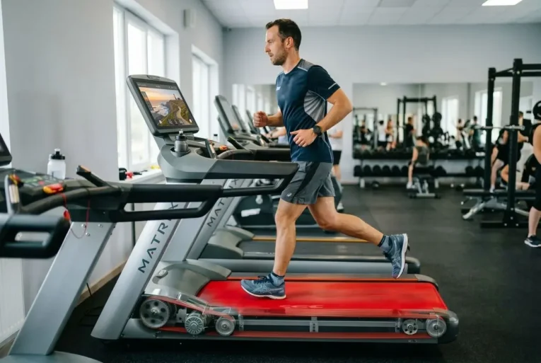 Homme qui court sur un tapis de course Matrix dans une salle de sport moderne.