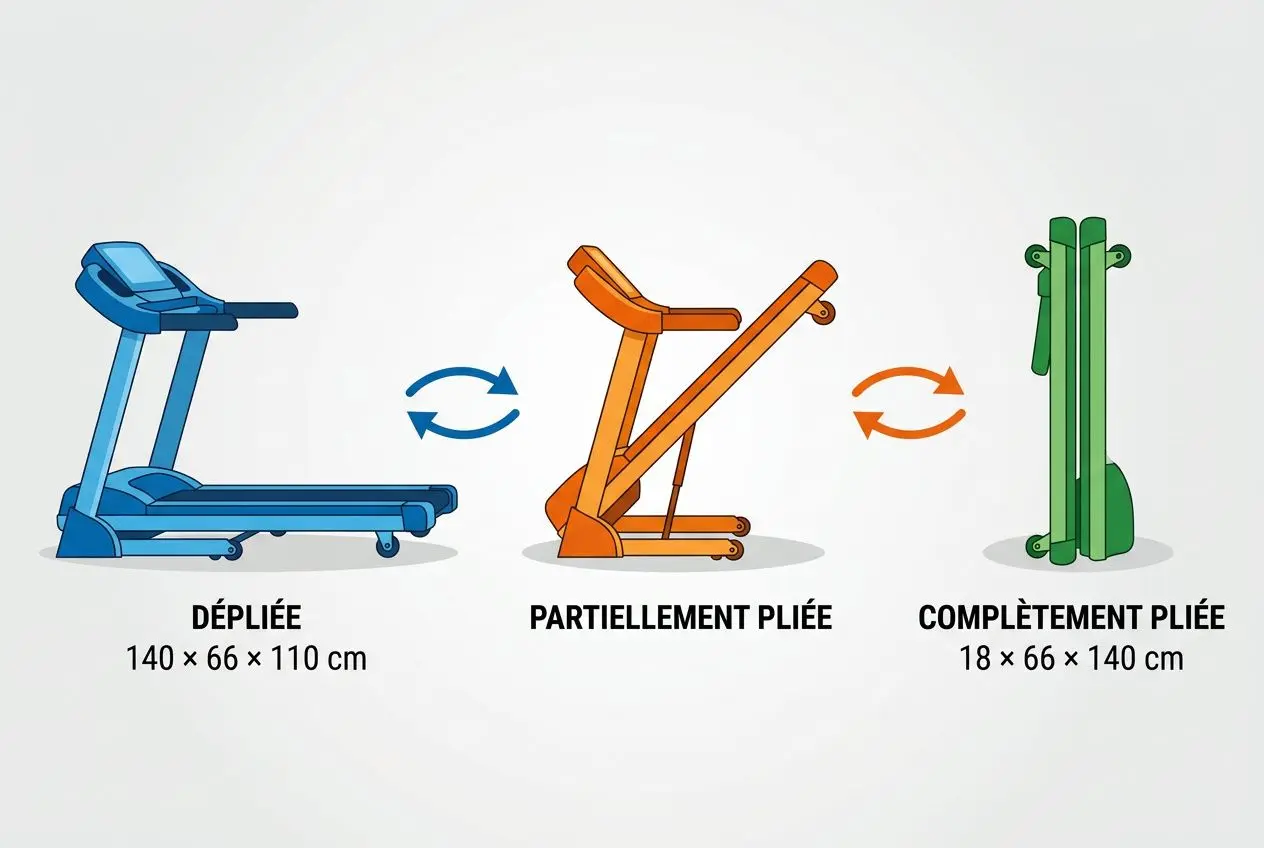 Illustration des trois positions d'un tapis de course pliable