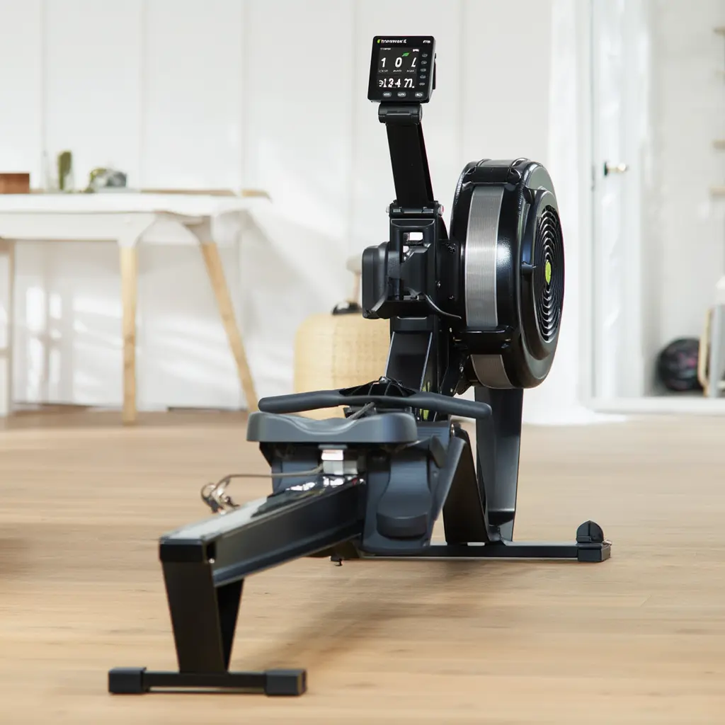 Rameur Concept2 placé dans une salle de sport lumineuse, mettant en valeur son volant à résistance à l'air et son moniteur de performance PM5.