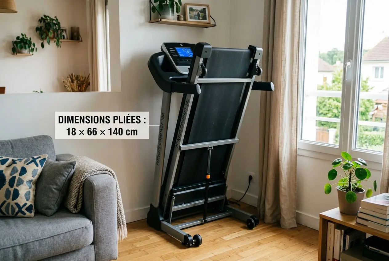Tapis de course compact rangé dans un petit salon
