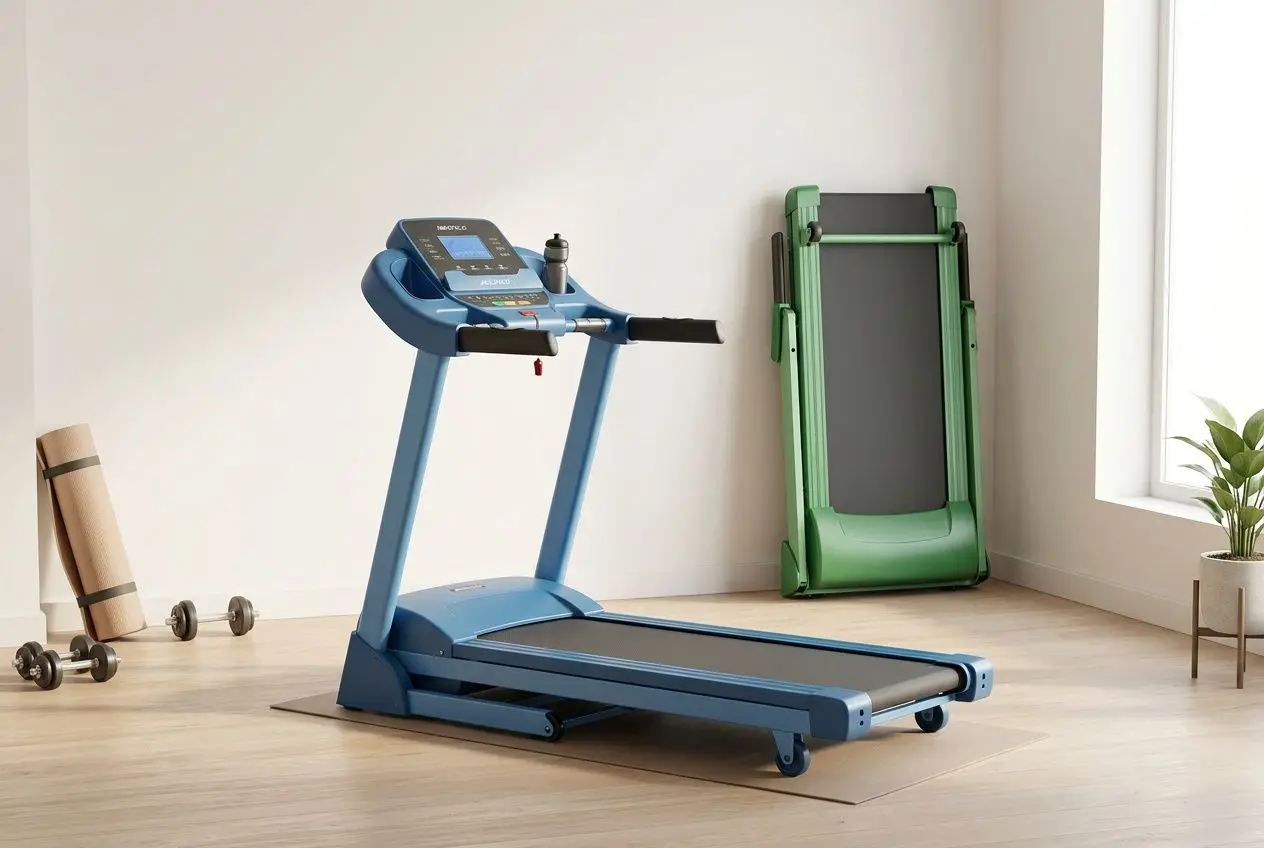 Tapis de course pliable bleu en intérieur, avec console et guidons, posé sur un tapis; appareil obsolète pliable vert en arrière-plan et plante à côté.