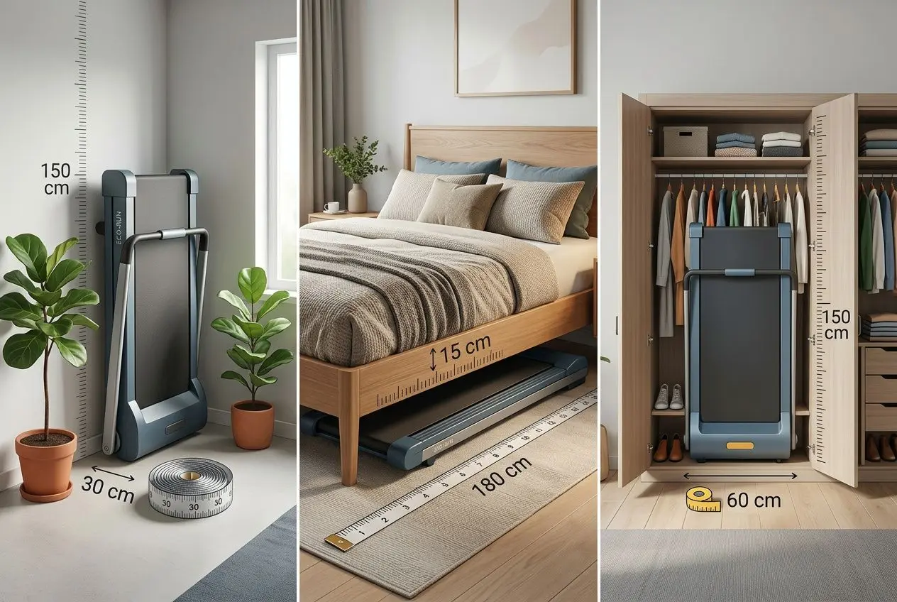 Alt_text: Tapis de course pliable rangé près du lit et dans le dressing, with mesures 180 cm au sol, 150 cm hauteur et 60 cm de largeur, montrant son encombrement dans un petit espace, idéal pour "quel tapis de course pliable acheter".