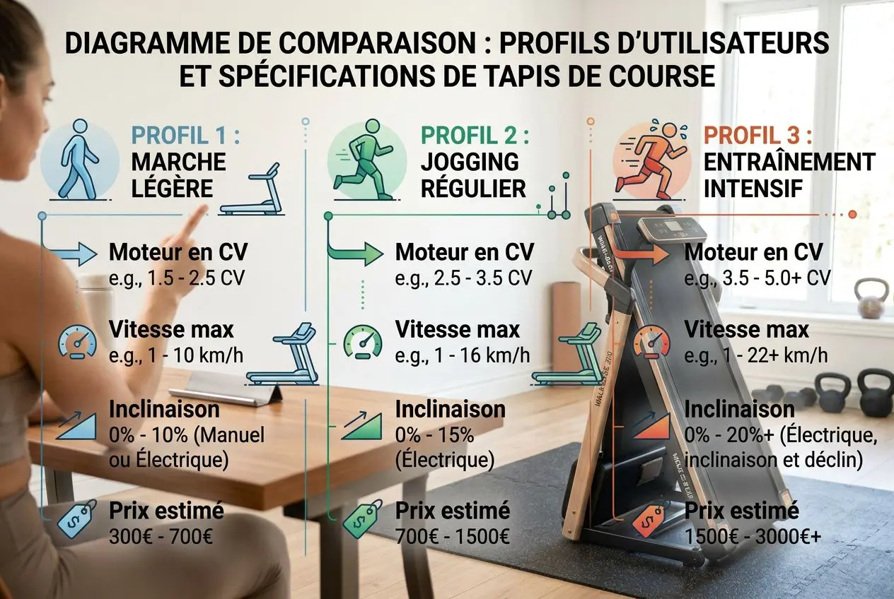 Diagramme de comparaison présentant profils d’utilisateurs et spécifications de tapis de course, avec tapis de marche pliable inclinable comme option.