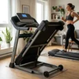Personne utilisant un tapis de course pliable dans un salon lumineux, appareil replié au premier plan et marcheur en arrière-plan. tapis de course pliable petit espace.