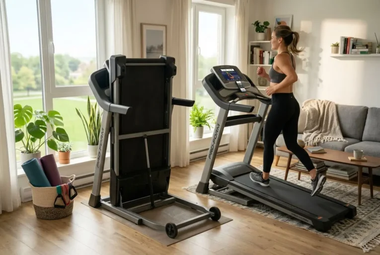 Personne utilisant un tapis de course pliable dans un salon lumineux, avec un tapis plié à côté et des plantes, prêt pour un entraînement compact. tapis de course petit modele intégré.