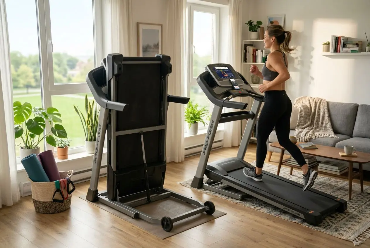 Personne utilisant un tapis de course pliable dans un salon lumineux, avec un tapis plié à côté et des plantes, prêt pour un entraînement compact. tapis de course petit modele intégré.