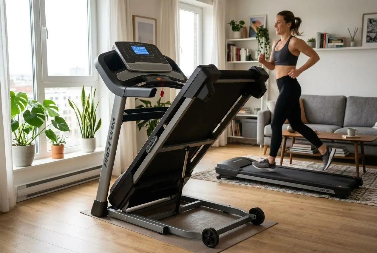 Personne utilisant un tapis de course pliable dans un salon lumineux, appareil replié au premier plan et marcheur en arrière-plan. tapis de course pliable petit espace.