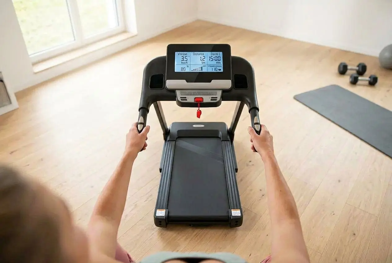 Personne utilisant un tapis de marche pliable dans une pièce lumineuse, voyant numérique affichant les données d’entraînement.