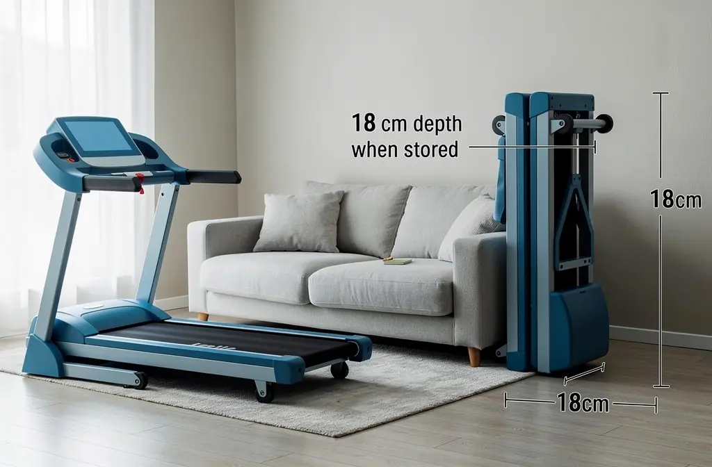 Tapis de course petit modèle plié et déplié dans un salon, dimensions indiquées 18 cm, rangement compact sur tapis.