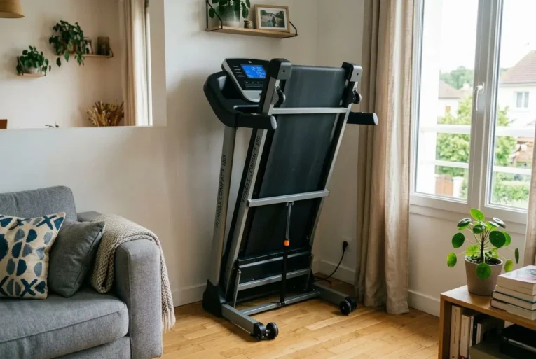 Tapis de course petite taille plié dans un salon lumineux près d’un canapé et d’une plante verte, idéal pour petit espace.