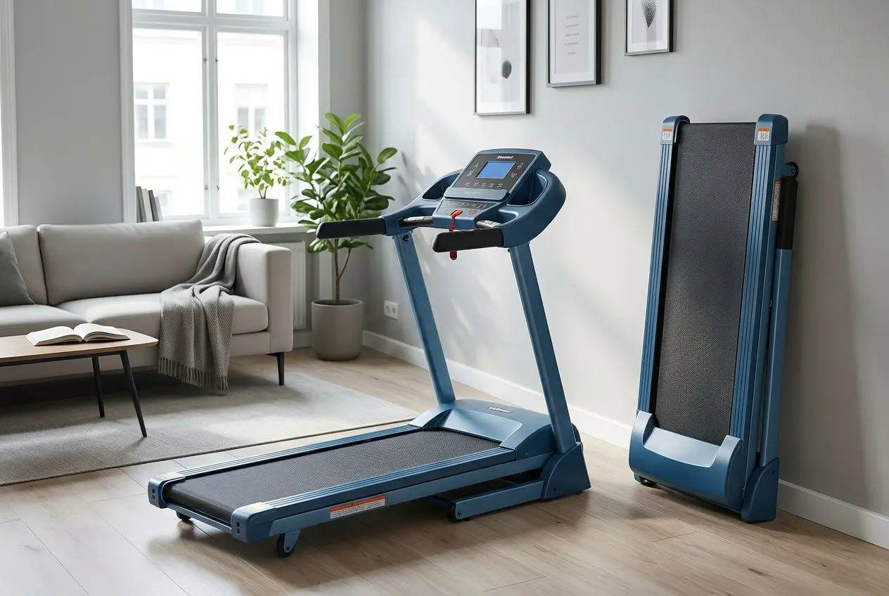 Tapis de course pliable petit espace installé dans un salon, avec canapé, plante et table basse; tapis déplié près d’un siège pliable.