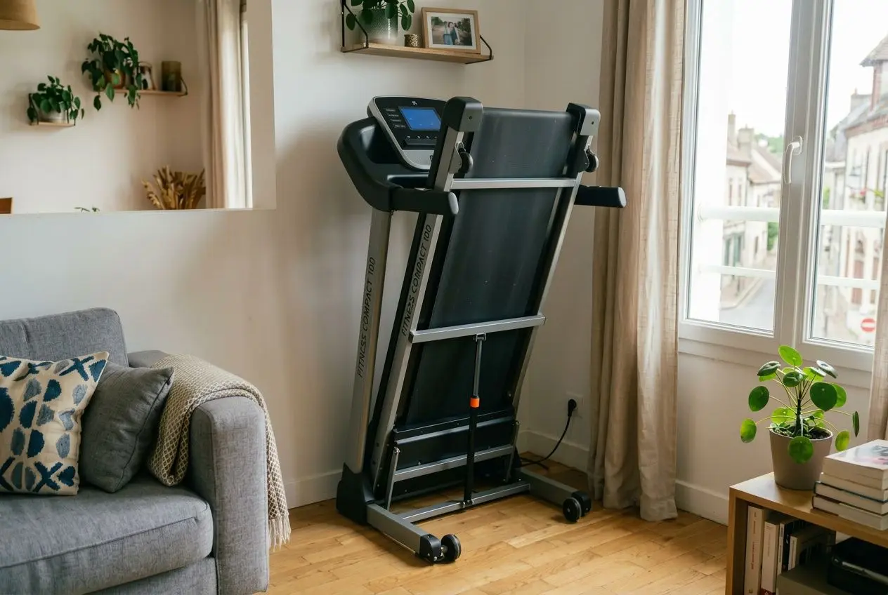 Tapis de course pliable petit espace rangé contre le mur près d’un canapé dans un salon lumineux.