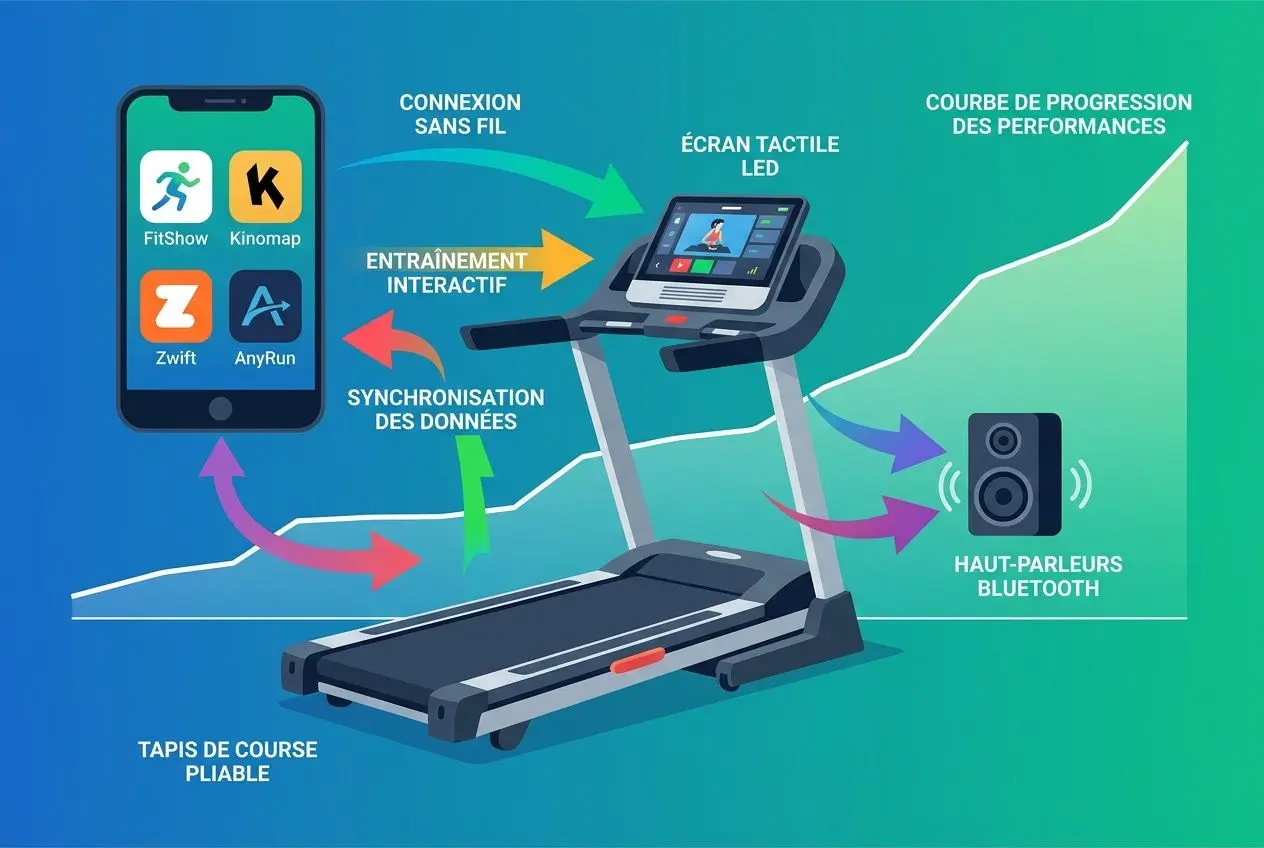 Tapis de course pliable sur tapis roulant, connecté à un smartphone avec icônes d’apps et flèches colorées illustrant ses fonctions compactes.