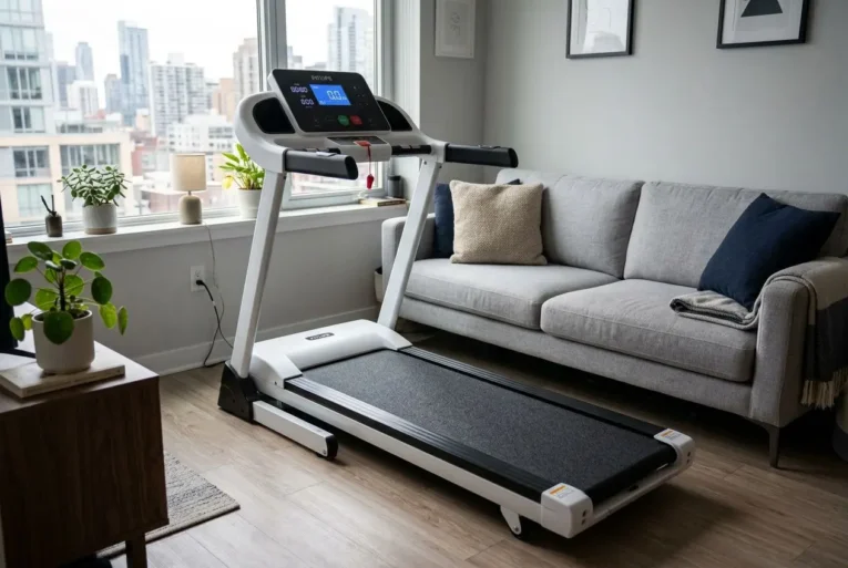 Tapis de marche pliable inclinable installé dans un salon près d’un canapé, avec vue urbaine par la fenêtre.