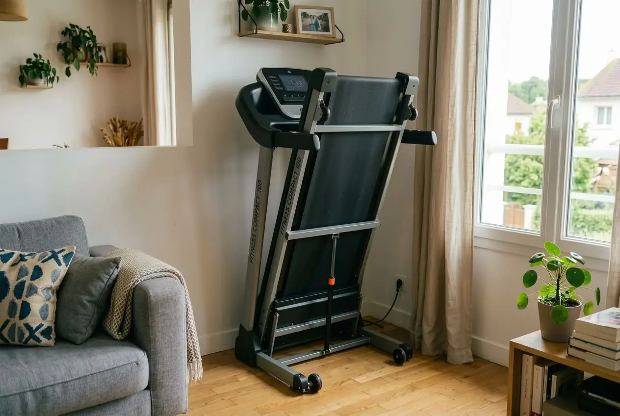 Tapis de marche pliable petit espace rangé debout près d’un mur dans un salon lumineux.